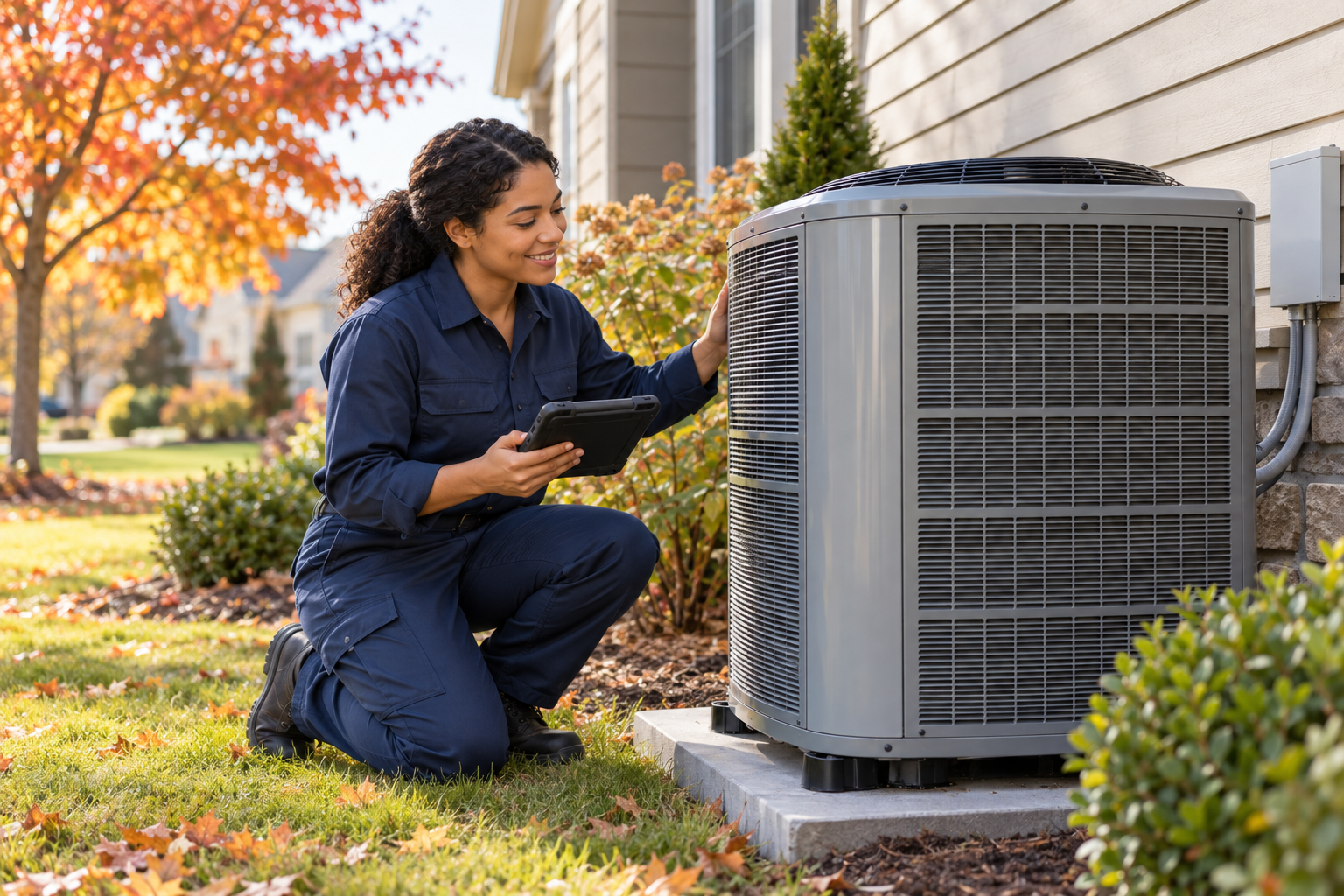 A heating and air conditioning technician inspecting an outdoor heat pump