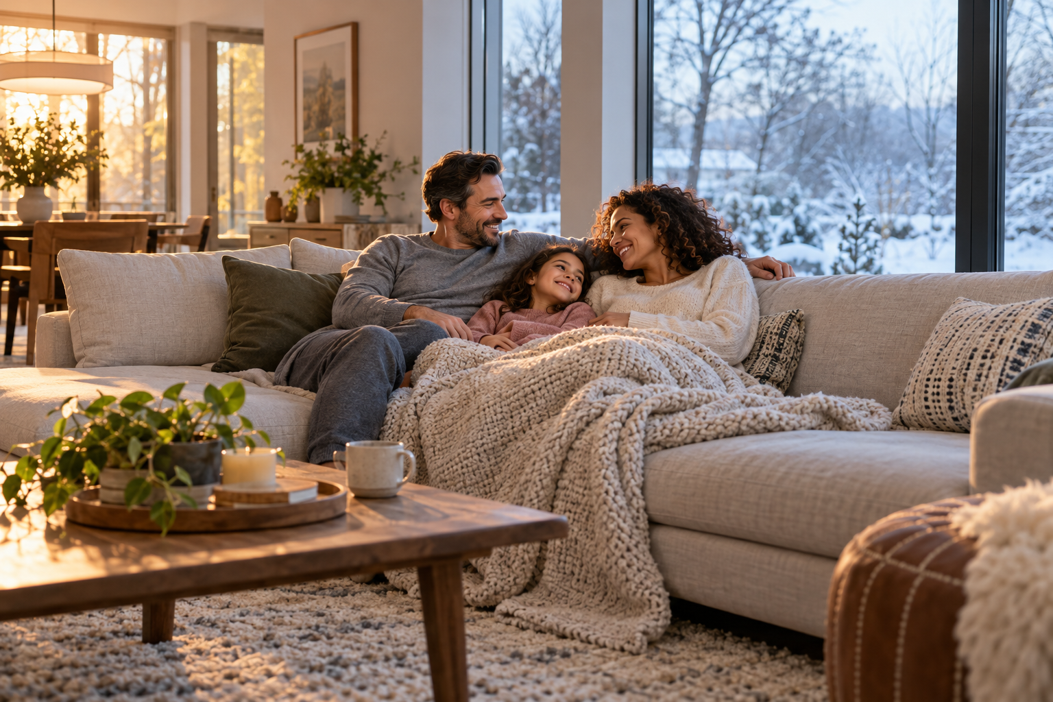 A family enjoying a warm and comfortable home during winter
